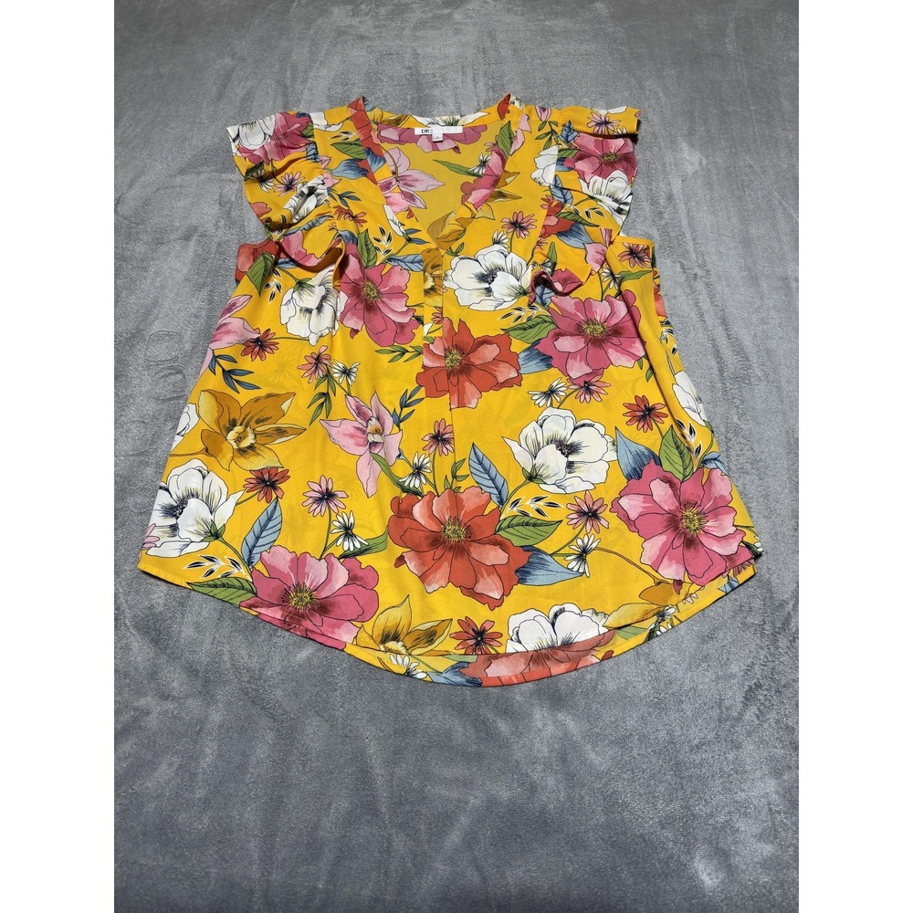 DR2 Blouse Womens Medium Yellow Floral Ruffle Flutter Sleeve V-Neck Top Boho